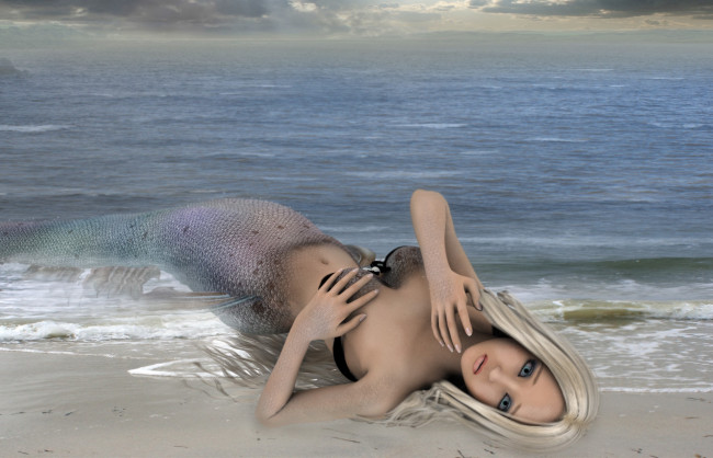 Обои картинки фото 3д графика, существа , creatures, девушка, взгляд, фон, море, русалка