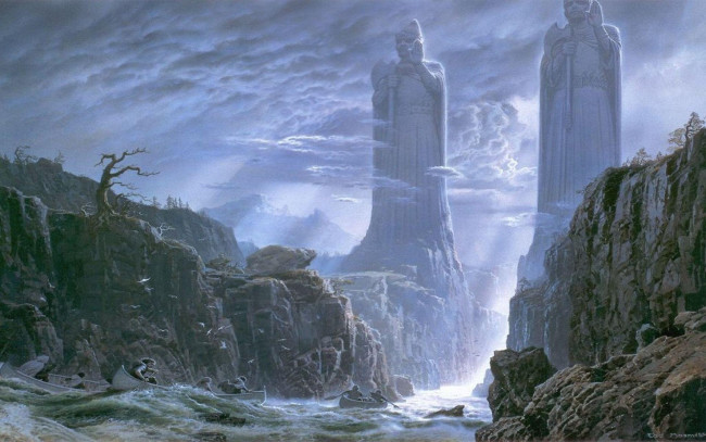Обои картинки фото фэнтези, _lord of the rings, статуи, водопад, скалы, река, лодки