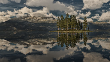 Картинка природа реки озера озеро остров горы деревья отражение