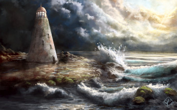 Картинка рисованные природа маяк море