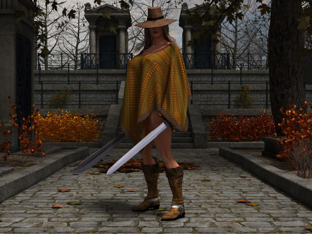 Обои картинки фото 3д графика, фантазия , fantasy, шляпа, взгляд, девушка, мечи, осень
