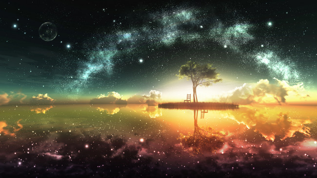 Обои картинки фото 3д графика, фантазия , fantasy, дерево, небо, остров, закат