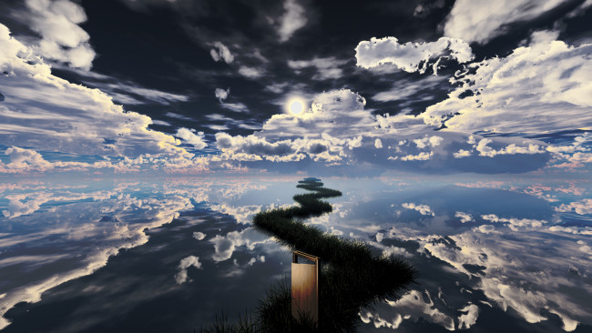 Обои картинки фото 3д графика, фантазия , fantasy, облака, небо, дверь, дорога, фантазия