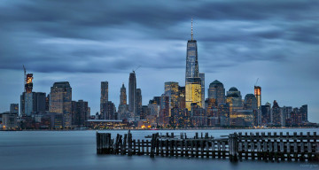 Картинка downtown+manhattan города нью-йорк+ сша залив ночь огни высотки