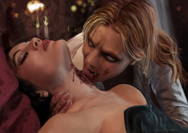 Обои картинки фото фэнтези, вампиры, вампир, девушка, жертва, кровь
