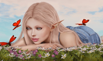 Картинка 3д+графика эльфы+ elves девушка бабочки лето лицо волосы лежит