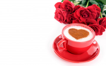 Картинка еда кофе +кофейные+зёрна сердечко капучино розы