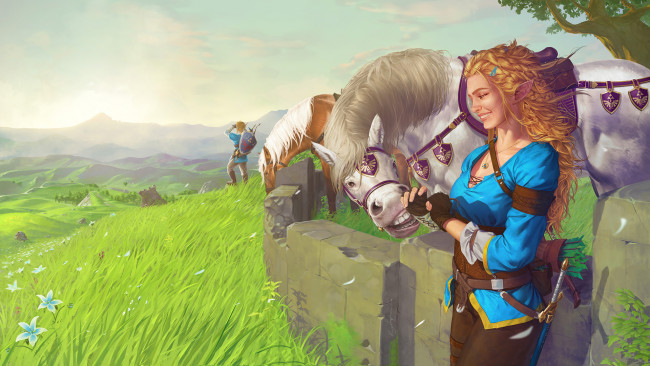 Обои картинки фото видео игры, the legend of zelda, улыбка, фон, конь, девушка