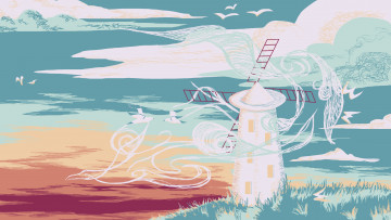 Картинка рисованное города мельница птицы ветер облака