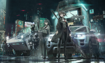 Картинка аниме оружие +техника +технологии девушки ночь солдаты улица