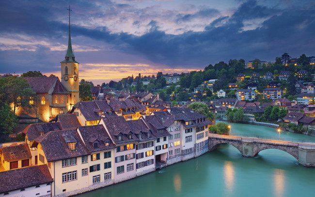 Обои картинки фото города, берн , швейцария, река, мост, вечер, огни