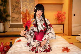 Картинка hane+ame девушки костюм постель кимоно листья