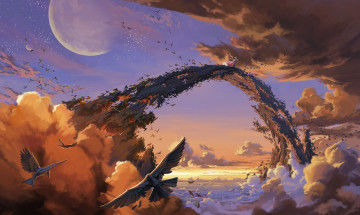 Картинка фэнтези магия облака человек заклинатель птицы