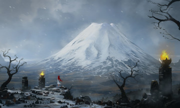 Картинка фэнтези пейзажи гора вулкан девушка фудзи