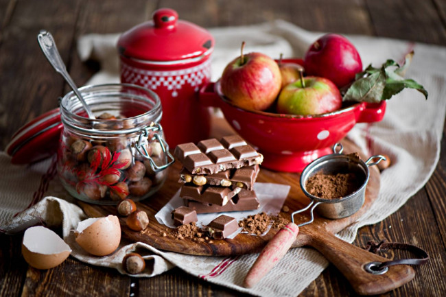 Обои картинки фото еда, натюрморт, шоколад, орехи, яблоки