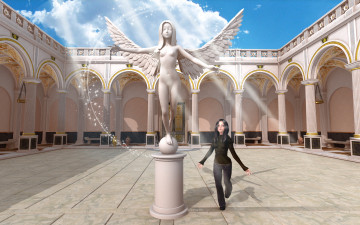 Картинка 3д графика fantasy фантазия скульптура ангел дом колонны девушка