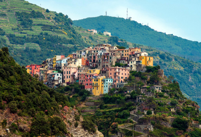 Обои картинки фото corniglia, cinque, terre, италия, города, амальфийское, лигурийское, побережье, горы, поля, дома