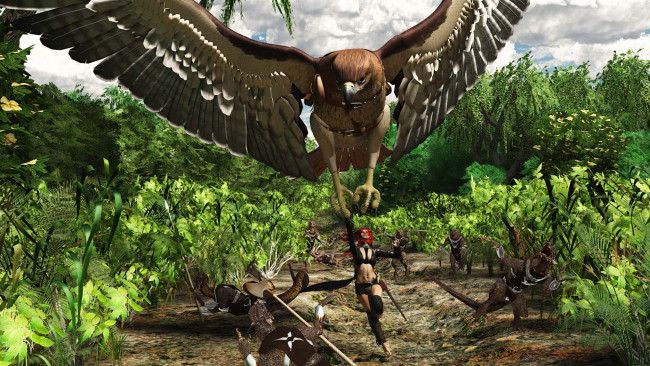 Обои картинки фото 3д графика, фантазия , fantasy, орел, оружие, фон, взгляд, девушка, лес, существа