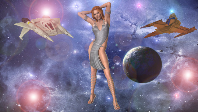Обои картинки фото 3д графика, фантазия , fantasy, вселенная, планеты, космические, корабли, фон, взгляд, девушка