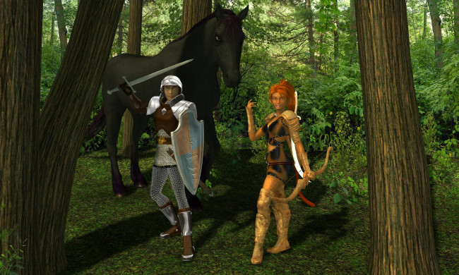 Обои картинки фото 3д графика, эльфы , elves, взгляд, лес, оружие, фон, лошадь, эльфийки