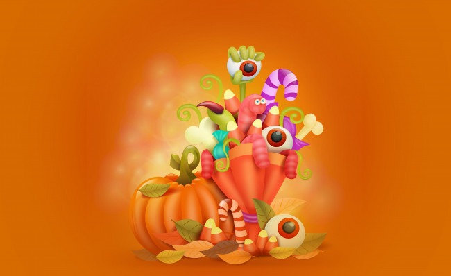 Обои картинки фото праздничные, хэллоуин, векторная, графика, листья, червяки, глаза, тыква, праздник