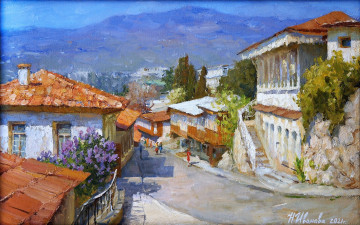 Картинка рисованное живопись горы город улица дома