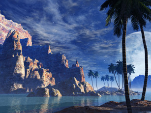 Картинка 3д графика nature landscape природа море облака пальмы горы