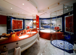Картинка интерьер ванная туалетная комнаты ванна умывальники душ зеркала