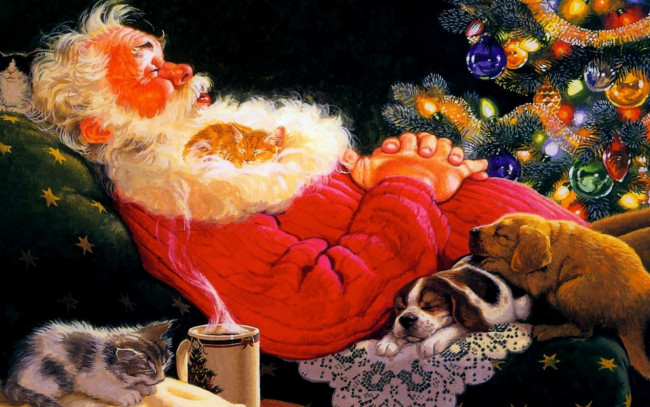 Обои картинки фото праздничные, рисованные, санта, щенки, котята, ёлка, дед, мороз