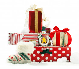 обоя праздничные, подарки, коробочки, коробки, банты, сапожок, снеговик
