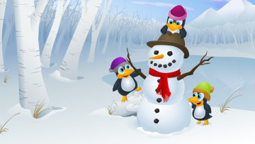 обоя праздничные, векторная, графика, новый, год, пингвины, березы, снеговик