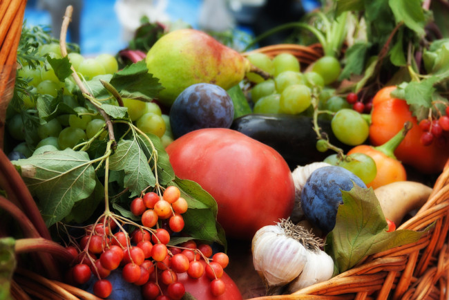 Обои картинки фото еда, фрукты, овощи, вместе, чеснок, слива, помидор, калина