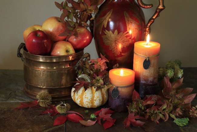 Обои картинки фото еда, фрукты, овощи, вместе, тыква, яблоки, свечи