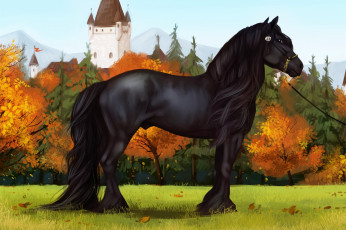 обоя рисованное, животные,  лошади, фон, лошадь, осень, деревья