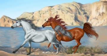 обоя рисованное, животные,  лошади, горы, лошади, бег, река