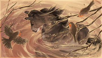 Картинка рисованное животные +лошади ветки грива лошадь фон птицы