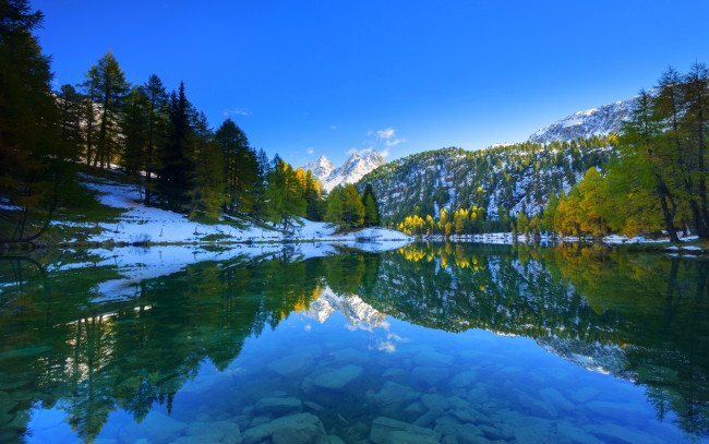Обои картинки фото природа, реки, озера, горы, озеро, снег, лес