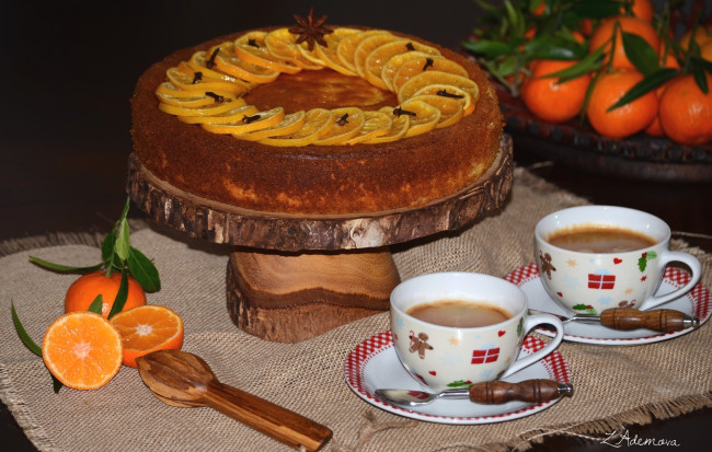 Обои картинки фото еда, торты, кофе, выпечка, специи, чашки, мандарины, торт