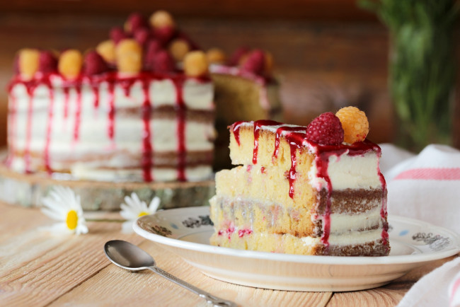 Обои картинки фото еда, торты, торт, десерт, малина, кусок, джем, ромашки