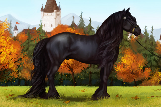 Обои картинки фото рисованное, животные,  лошади, фон, лошадь, осень, деревья