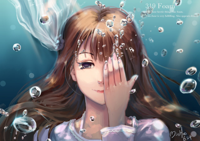 Обои картинки фото аниме, unknown,  другое, пузырьки, minhoo, вода, девушка, арт