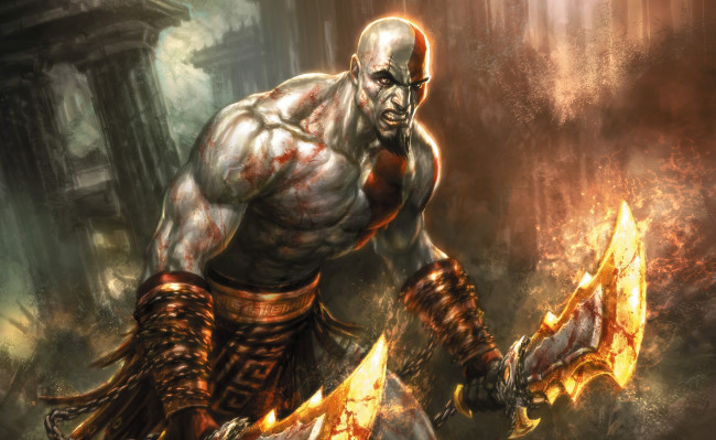 Обои картинки фото видео игры, god of war comic, бог, наручи, цепи, огонь, мечи