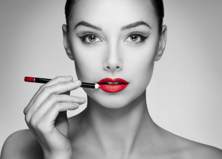 Картинка девушки -unsort+ Черно-белые+обои губы девушка макияж красная помада лицо карандаш стиль портрет