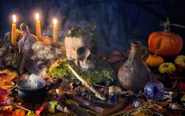 Обои картинки фото праздничные, хэллоуин, тыква, череп, свечи, halloween, натюрморт