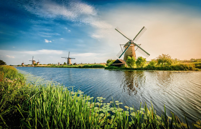 Обои картинки фото разное, мельницы, мельница, водоём, kinderdijk, нидерланды, канал