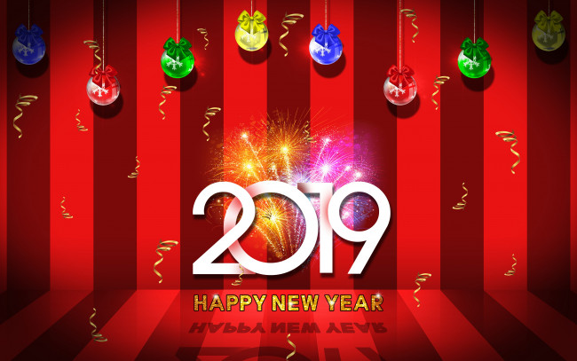 Обои картинки фото праздничные, - разное , новый год, новый, 2019, год, фейверк, красный, новогодние, шары