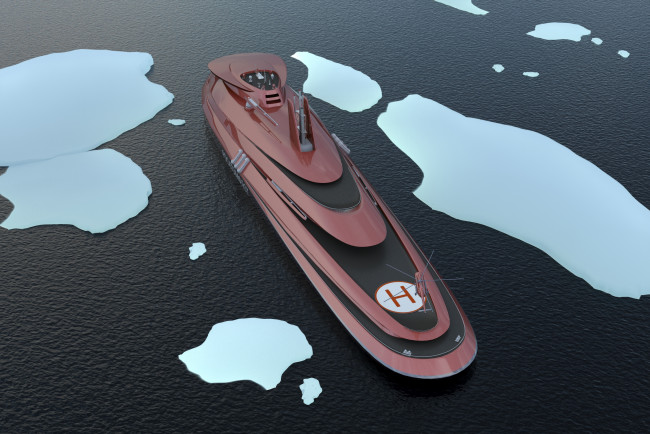 Обои картинки фото 3д графика, моделирование , modeling, океан, атомфлот, лидер, рендеринг, вид, сверху, судно, проект, ледокол, вертолет, лед, море