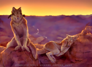 обоя календари, фэнтези, животное, волк, волчица, перо, отдых, calendar, 2019