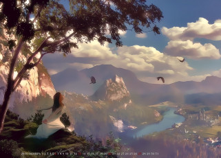 Картинка календари фэнтези calendar водоем растение облако девушка гора природа птица 2019