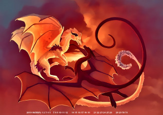 Картинка календари фэнтези 2019 calendar красный двое дракон